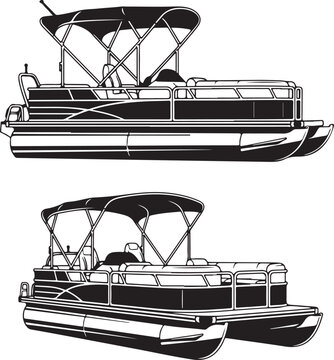 Two black and white pontoon boats with canopies shown from side and front views isolated on transparent background