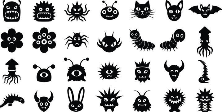 Large set of black monster silhouettes including aliens spooky creatures cat bat bunny and scary eyes isolated on white background vector