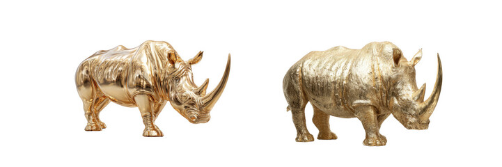 Fototapeta premium Two golden metallic rhino figurines standing side by side with intricate textures and reflective finish symbolizing strength and elegance in minimalist Isolated on a transparent background.
