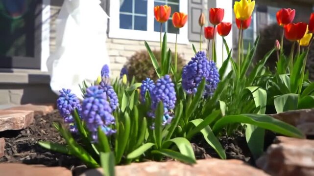 Colorful spring flowers bloom in a garden beside a rustic stone wall.
