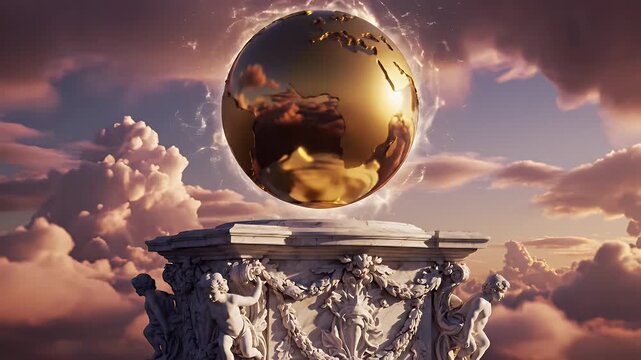 Glowing golden globe statue perched atop an ornate stone pedestal under dramatic sunset clouds