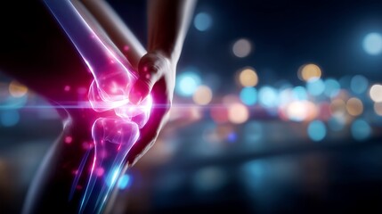 Fototapeta premium Man holding painful knee with glowing joint inflammation