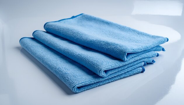 Folded light blue microfiber cloths on a clean surface for cleaning and detailing