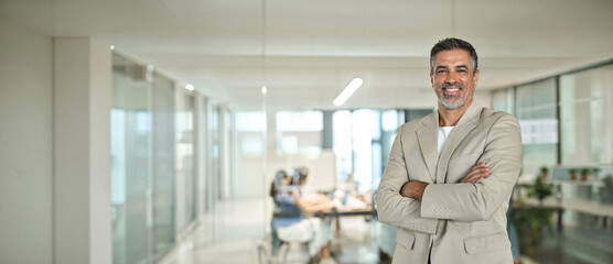 Portrait of confident happy rich middle aged business man investor, older team leader, mature...