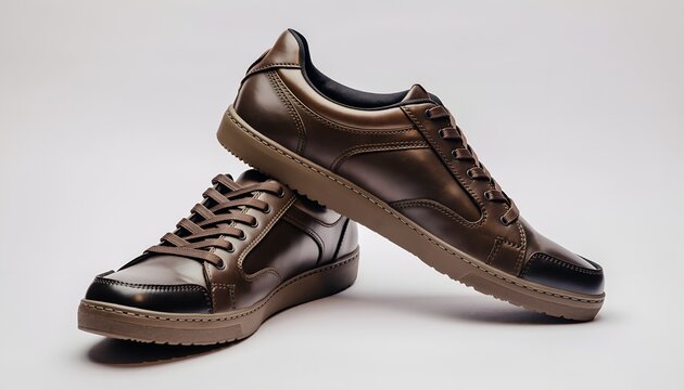 Brown leather men's sneakers fashion shoes with casual design on white studio backdrop