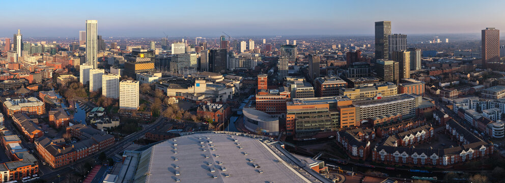Wide Aerial panorama of  Birmingham city centre skyline at Sunset. 