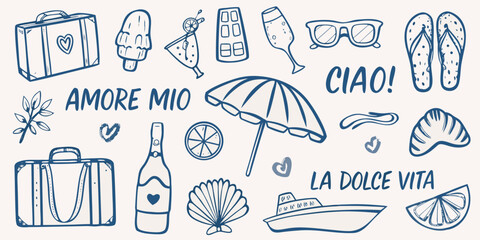 Italian summer vacation themed doodles with travel essentials and treats © Nayon