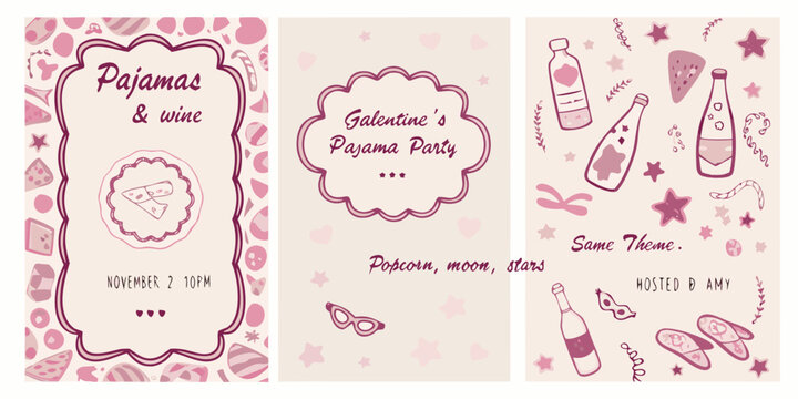 Galentine s pajama party invitation with wine popcorn and stars