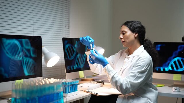 Young female researcher in white lab coat and blue gloves examines a test tube sample at a desk with computer screens showing DNA helix structures in a modern lab, focused on analysis