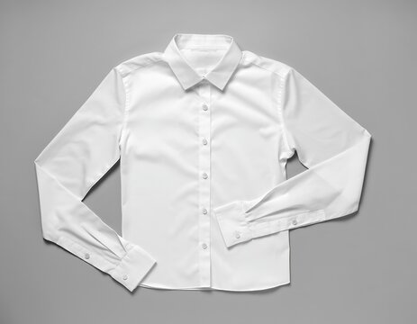 Crisp white long-sleeved dress shirt lying on a gray surface creating a clean presentation