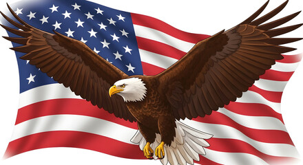 Naklejka premium American bald eagle soaring in front of the united states flag