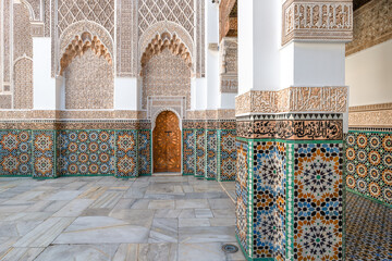 Intricate Moorish Architecture of Ben Youssef Madrasa in Marrakesh, Morocco