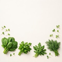 Obraz premium Minimal Healthy Greens Composition on Beige Background with Copy Space