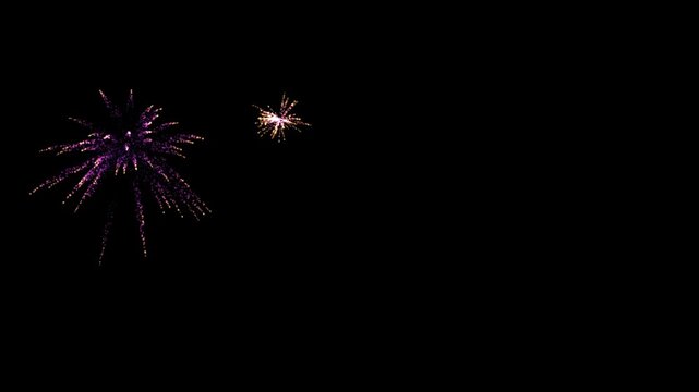 Fallas of Valencia, Colorful Purple and Gold Fireworks Explosions Overlay. Festive Pyrotechnics Burst on Black Background