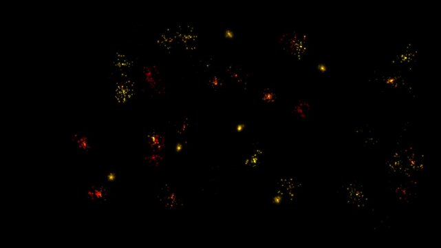 Rapid Red and Gold Fireworks Grand Finale Overlay. Multiple Small Pyrotechnic Burst Explosions on Black Background. Fallas of Valencia