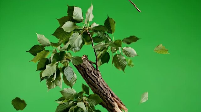 Green Tree Branch With Leaves And Debris Falling Against A Vivid Green Screen Background In A Dynamic Downward Motion