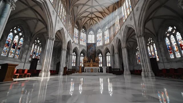 Interior View of a Grand Gothic Cathedral Nave with Ribbed Vaults and Stained Glass Windows