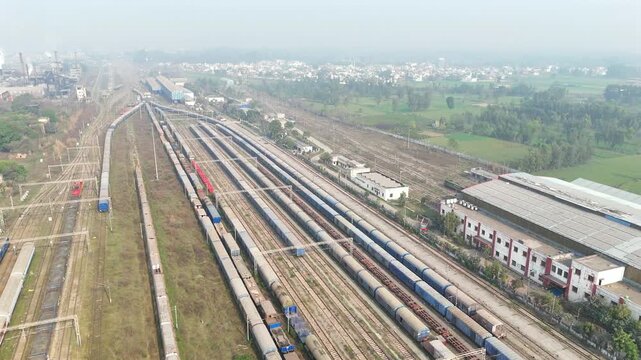 Aerial 4k shot of Rail yard in Saharanpur, Uttar Pradesh, India