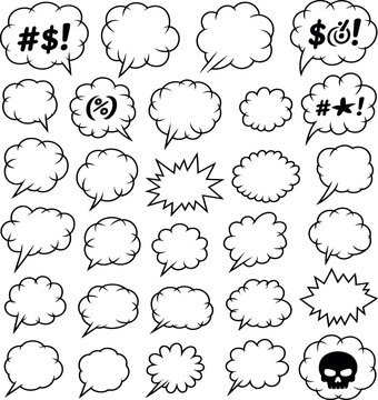 A collection of various comic book style speech bubbles and thought clouds on a white background
