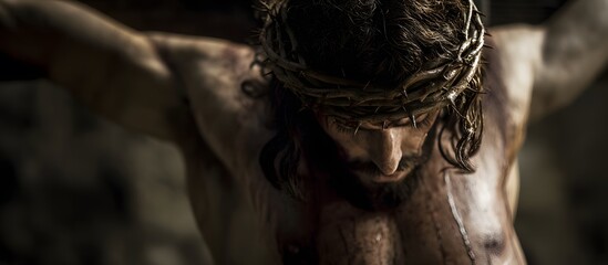 Jesus Christ crucyfied wearing crown of thorns .Passion and Resurection