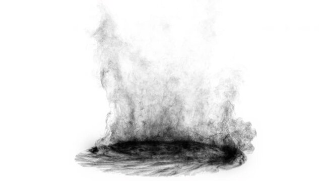 Cinematic 4K black smoke tornado and swirling dust cloud rising on  white background, VFX element