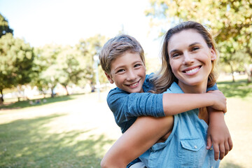 Mother, child and portrait with piggyback at park for bonding, love or embrace together outdoor. Happy woman, boy or son with smile for excited, support and childhood vacation or holiday in nature