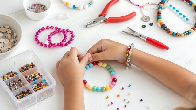 Girl hands making colorful bracelet on white table beauty, hand, jewelry, jewellery, pearl, manicure, fashion, necklace, woman, bride, jewel, ring, glamour, elega. Creating different beaded jewellery,