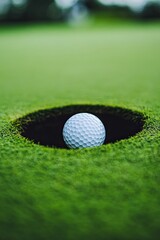 Close-up of a golf ball in a hole. close-up. banner.