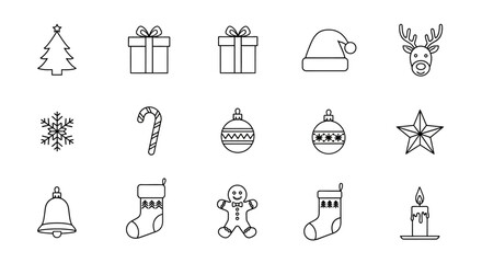 Black and white christmas icons set including tree gifts hat reindeer snowflake candy cane ornaments star bell stockings gingerbread man and candle on white background for holiday © Pabitra
