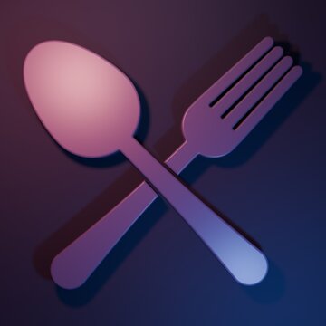 Purple Crossed fork and spoon icon isolated on purple-blue background. Cooking utensil. Cutlery sign. Minimalism concept. 3D render illustration