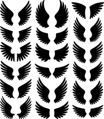 Obraz premium A collection of black wing silhouettes arranged in rows on a white background