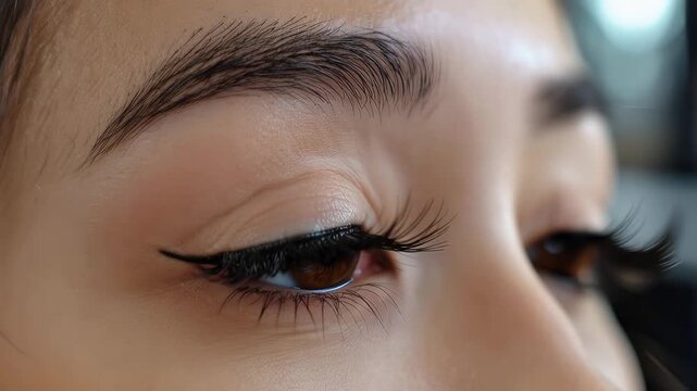 Beautiful woman showcases stunning lashes after lash laminating and tinting at a beauty salon