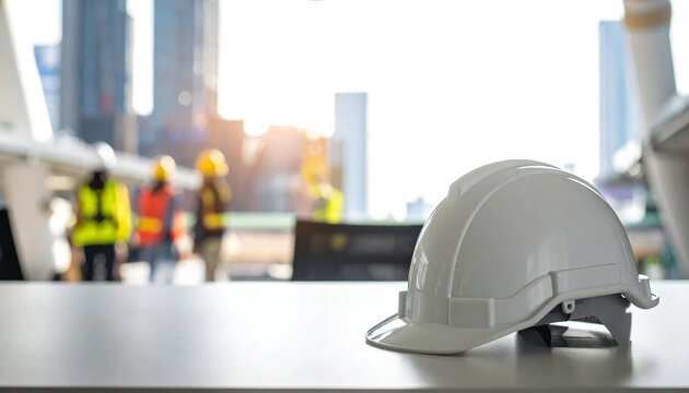 Hard hat on the table in the office with people  wearing construction blurred background