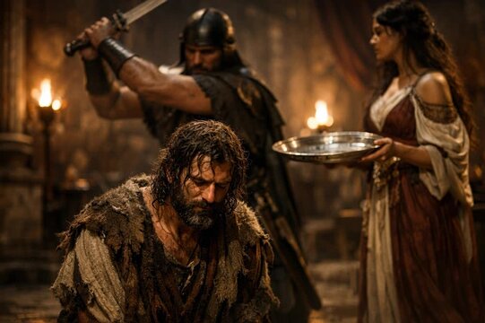 John the Baptist Kneeling Before Execution as an Executioner Raises a Sword While Salome Holds a Silver Platter