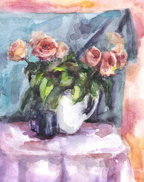 Watercolor painting of peach roses in a white vase on blue and purple drapery. A student's drawing. Delicate watercolor, blur effect, wet-on-wet, traditional art, hand-drawn on paper.