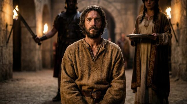 John the Baptist Kneeling Before Execution as an Executioner Raises a Sword While Salome Holds a Silver Platter