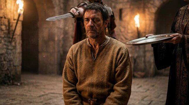 John the Baptist Kneeling Before Execution as an Executioner Raises a Sword While Salome Holds a Silver Platter