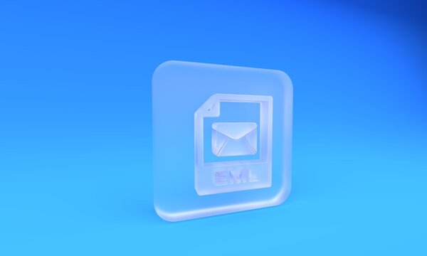 Frosted glass EML file document. Download eml button icon isolated on blue background. EML file symbol. Square frosted glass button. 3D render illustration