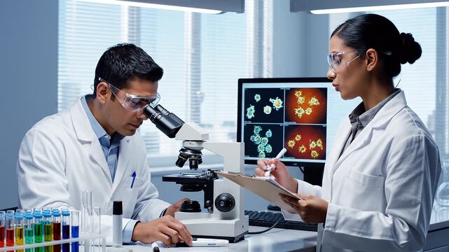 Scientists in lab analyzing sample with microscope and computer