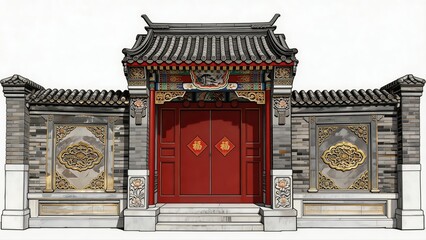 Fototapeta premium Traditional Chinese courtyard gate with red double doors and ornate tiled roof