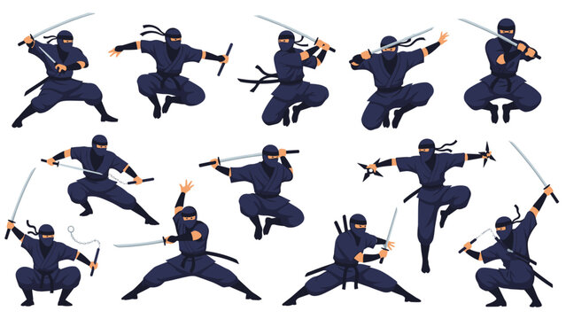 Collection of agile ninja characters in various dynamic poses brandishing traditional swords and throwing stars on a white background.