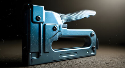 A staple gun lies on a textured surface, viewed from the side, against a dark background with a subtle gradient.