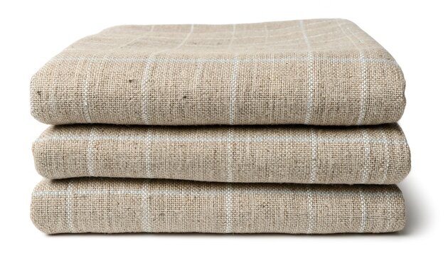 Folded natural linen fabrics in stack with subtle checked pattern on white background