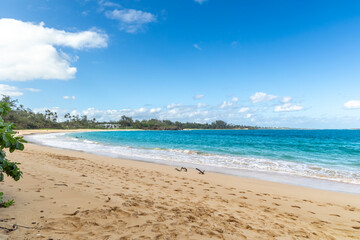 Empty Kalela Beach on a Bright Sunny Day with Blue Sky and Clear Turquoise Water, La'ie, Oahu, Hawaii © Kyo46
