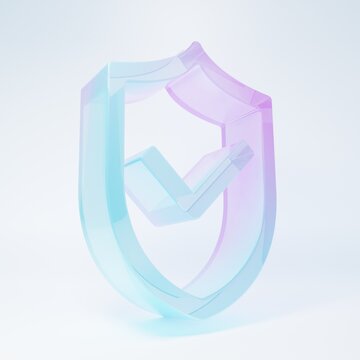 Frosted glass Shield with check mark icon isolated on white background. Protection symbol. Security check Icon. Tick mark approved icon. Minimalism concept. 3D render illustration
