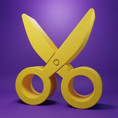 Yellow Scissors icon isolated on purple background. Cutting tool sign. Minimalism concept. 3D render illustration