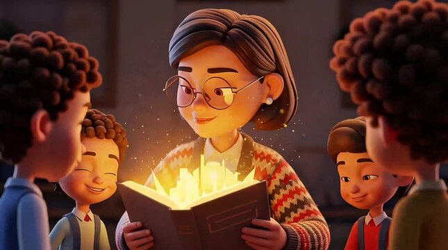 Animated teacher reading magical storybook to group of diverse children in classroom setting with animated motion video footage