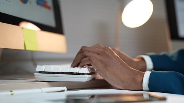 Businessman's hands typing on a modern white computer keyboard while working late at night in the office, with charts and graphs visible on the monitor in the background