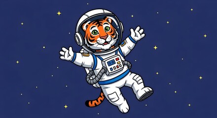 Naklejka premium Cute cartoon tiger astronaut floating in space with stars