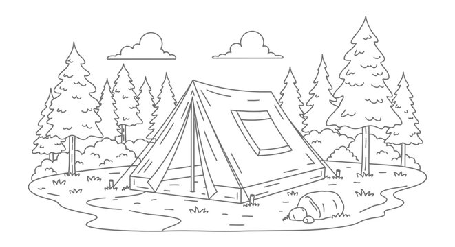 Tent in Forest Illustration Simple Design.